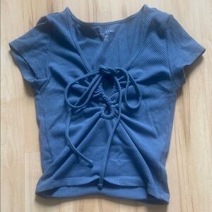 American Eagle Outfitters Blue Tie-Front Fitted T-Shirt